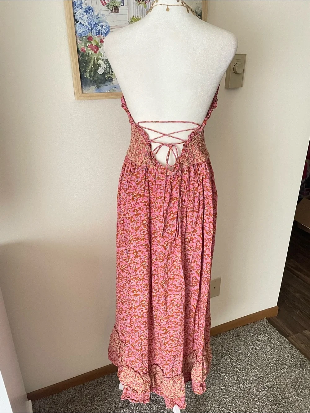 Free People One I Love Dress in Caramel Combo Pink and Tan Maxi Ruffle Hem